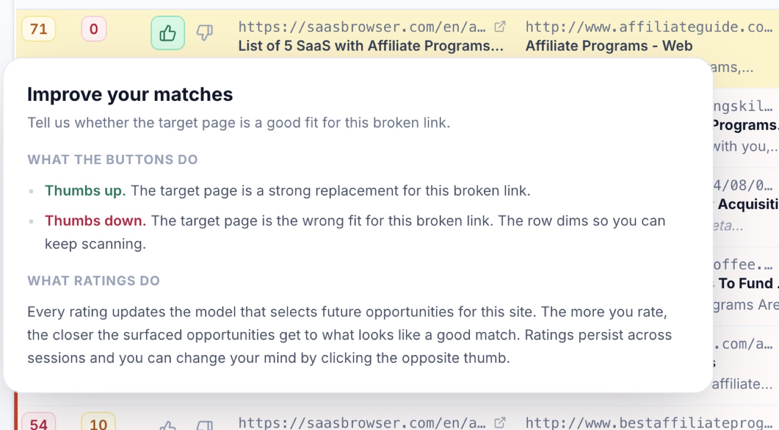 👍👎 Rating matches screenshot