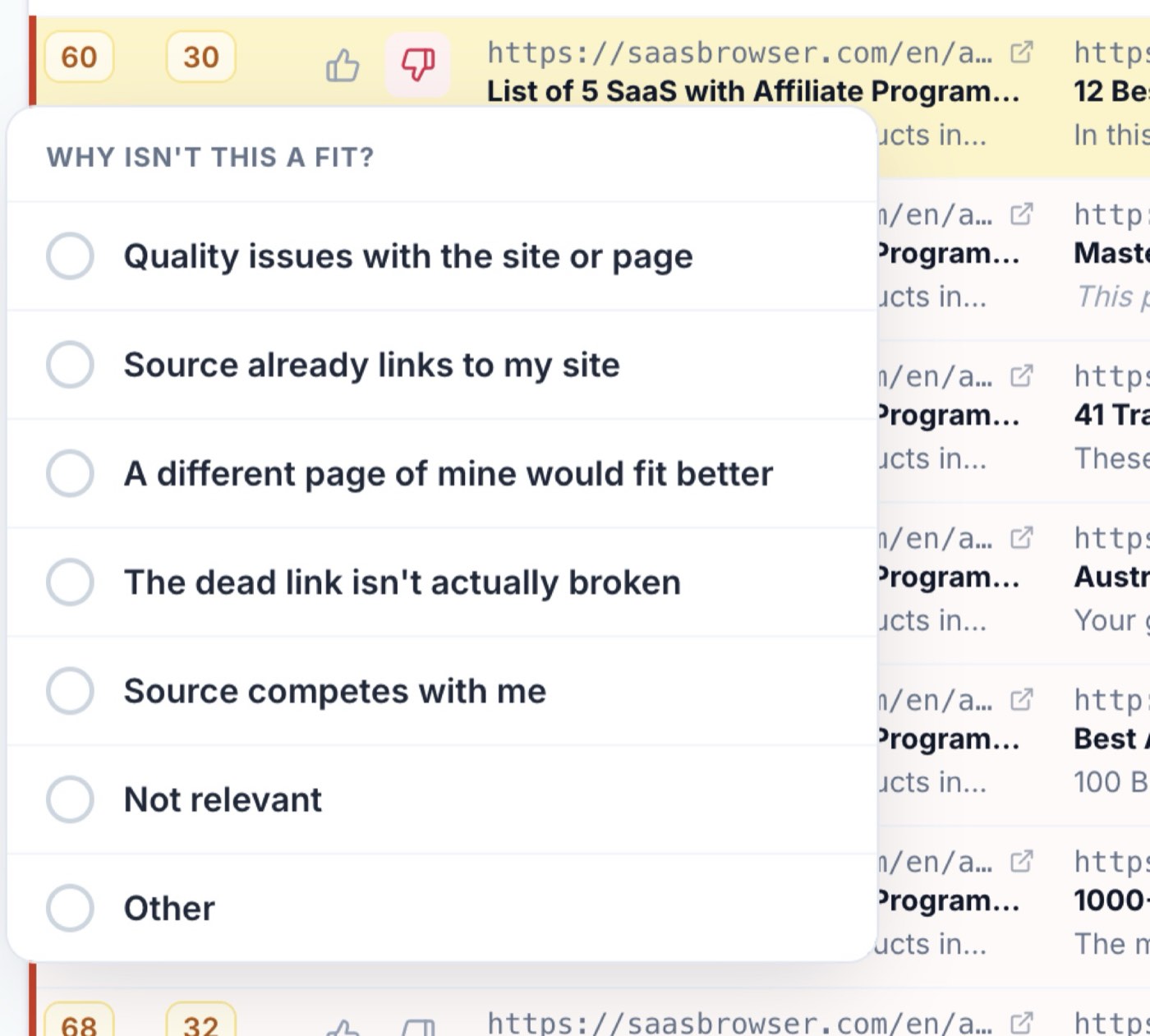 💬 Telling us why something isn't a fit screenshot